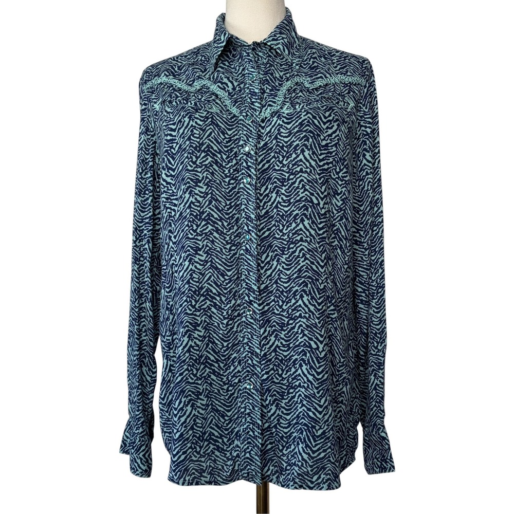 Rock 47 by Wrangler Western Shirt Women Zebra Print Excellent Snap Boho L Blue